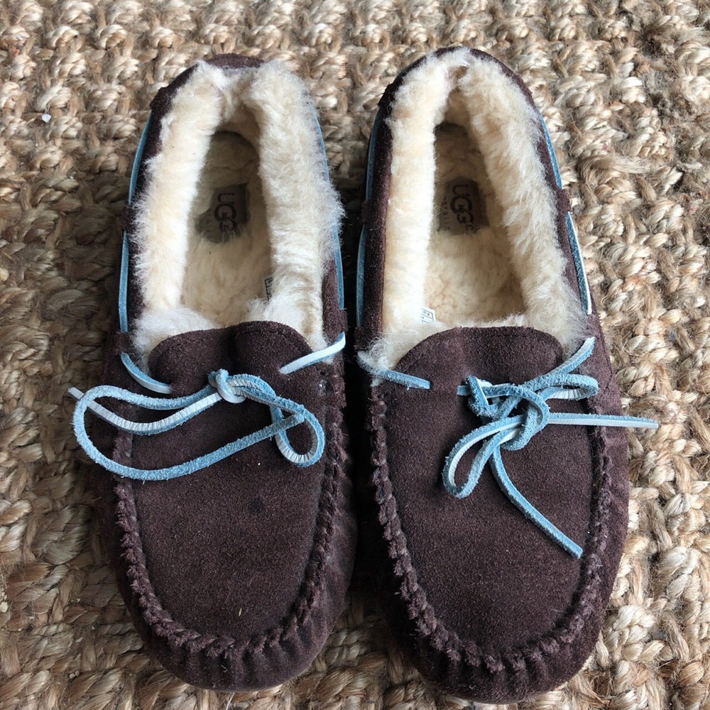 Ugg moccasin slippers, brown.